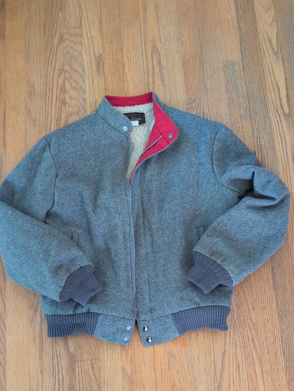 Vintage Men's Gray Wool Bomber Jacket with Red Collar Accent